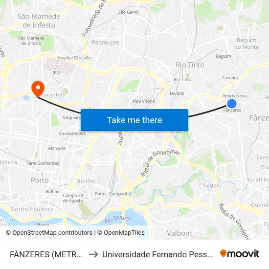 FÂNZERES (METRO) to Universidade Fernando Pessoa map