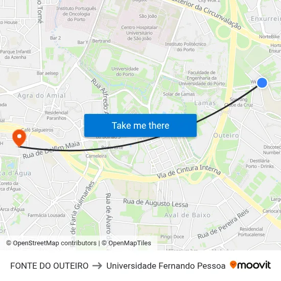 FONTE DO OUTEIRO to Universidade Fernando Pessoa map