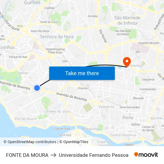 FONTE DA MOURA to Universidade Fernando Pessoa map