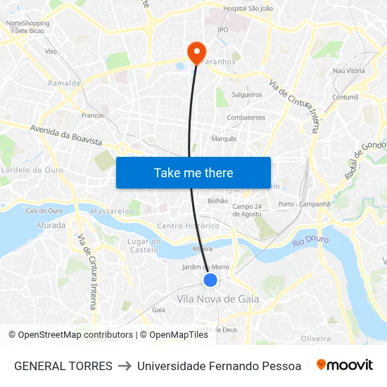 GENERAL TORRES to Universidade Fernando Pessoa map