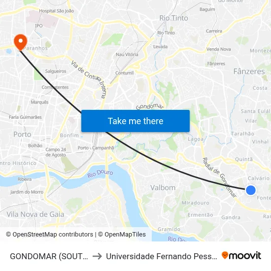 GONDOMAR (SOUTO) to Universidade Fernando Pessoa map