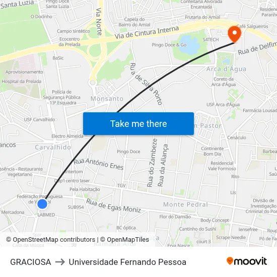 GRACIOSA to Universidade Fernando Pessoa map
