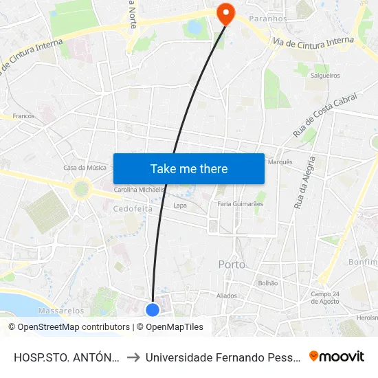 HOSP.STO. ANTÓNIO to Universidade Fernando Pessoa map