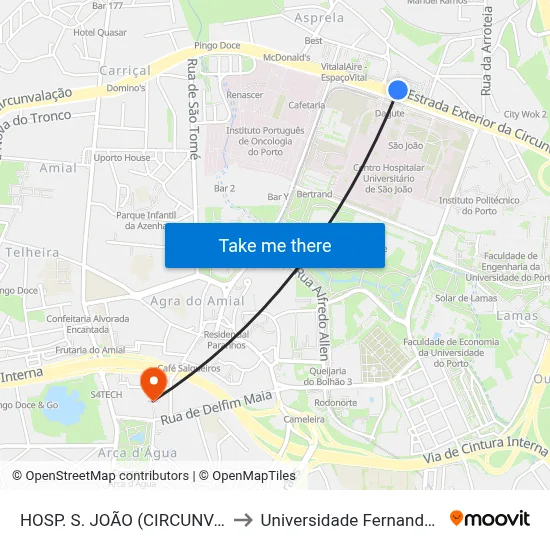 HOSP. S. JOÃO (CIRCUNVALAÇÃO) to Universidade Fernando Pessoa map