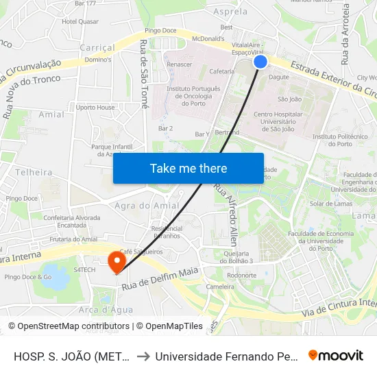 HOSP. S. JOÃO (METRO) to Universidade Fernando Pessoa map