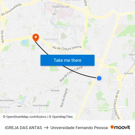 IGREJA DAS ANTAS to Universidade Fernando Pessoa map