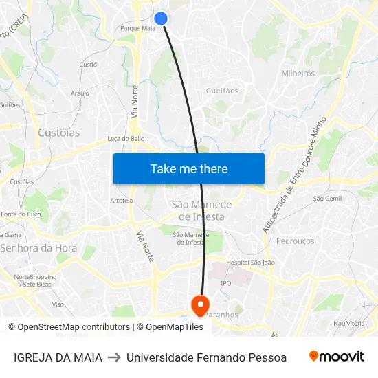IGREJA DA MAIA to Universidade Fernando Pessoa map