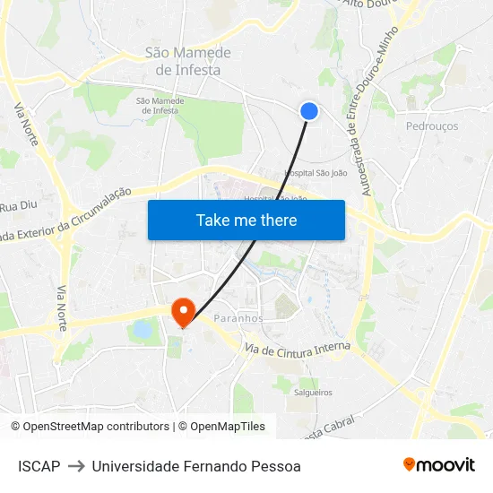 ISCAP to Universidade Fernando Pessoa map