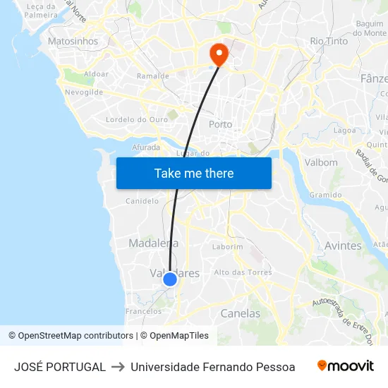 JOSÉ PORTUGAL to Universidade Fernando Pessoa map
