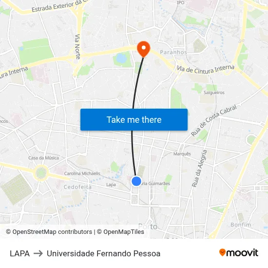 LAPA to Universidade Fernando Pessoa map