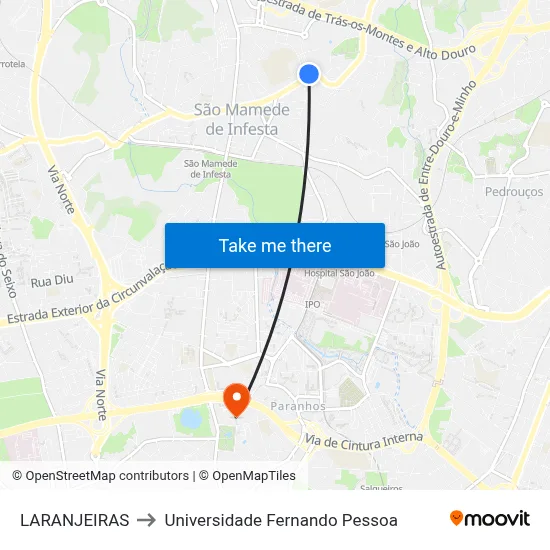 LARANJEIRAS to Universidade Fernando Pessoa map