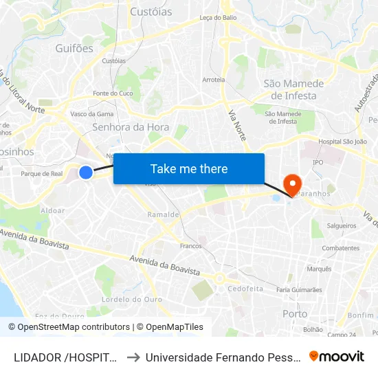 LIDADOR /HOSPITAL to Universidade Fernando Pessoa map