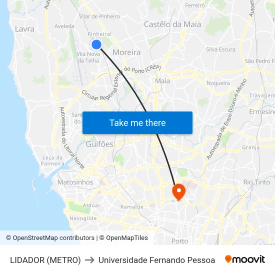 LIDADOR (METRO) to Universidade Fernando Pessoa map