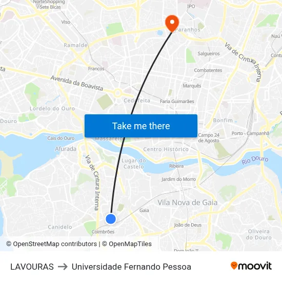 LAVOURAS to Universidade Fernando Pessoa map