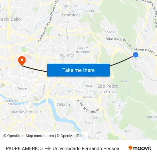 PADRE AMÉRICO to Universidade Fernando Pessoa map