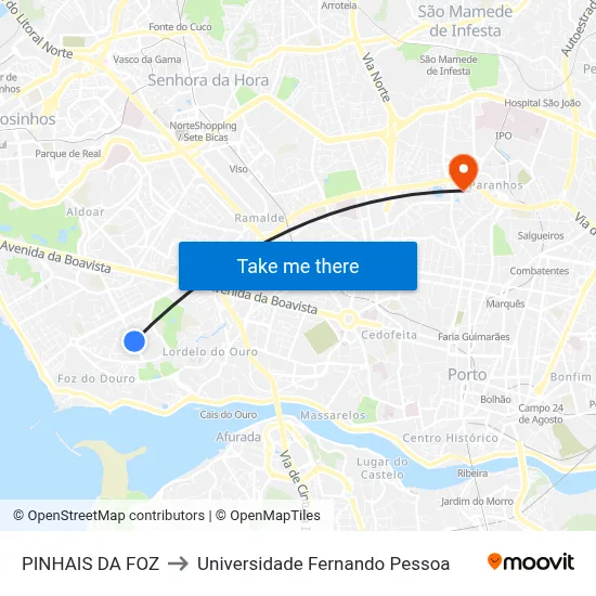PINHAIS DA FOZ to Universidade Fernando Pessoa map