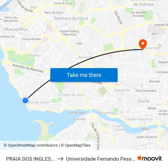 PRAIA DOS INGLESES to Universidade Fernando Pessoa map