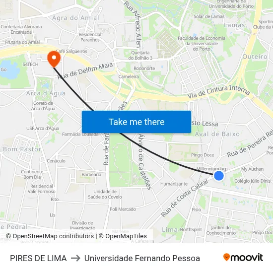 PIRES DE LIMA to Universidade Fernando Pessoa map