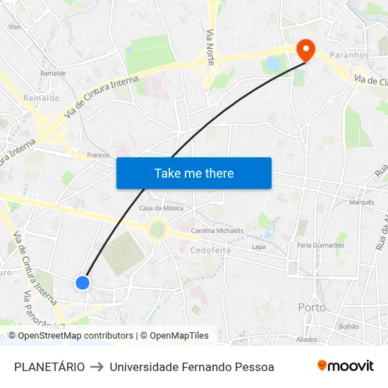 PLANETÁRIO to Universidade Fernando Pessoa map