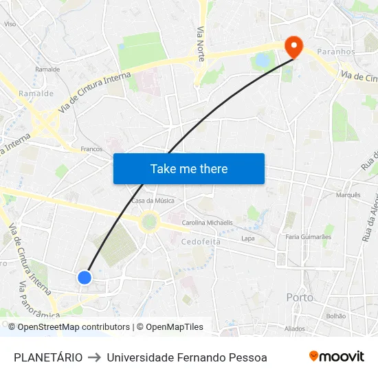 PLANETÁRIO to Universidade Fernando Pessoa map