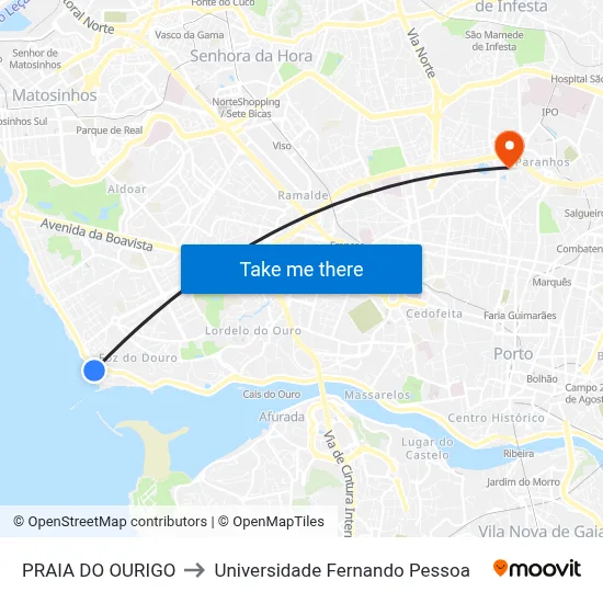 PRAIA DO OURIGO to Universidade Fernando Pessoa map