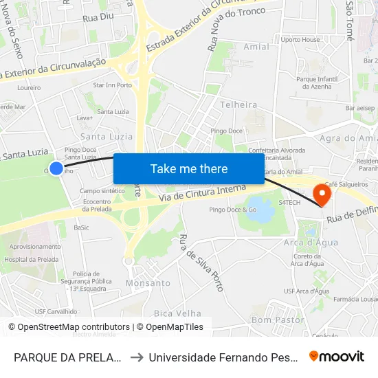 PARQUE DA PRELADA to Universidade Fernando Pessoa map