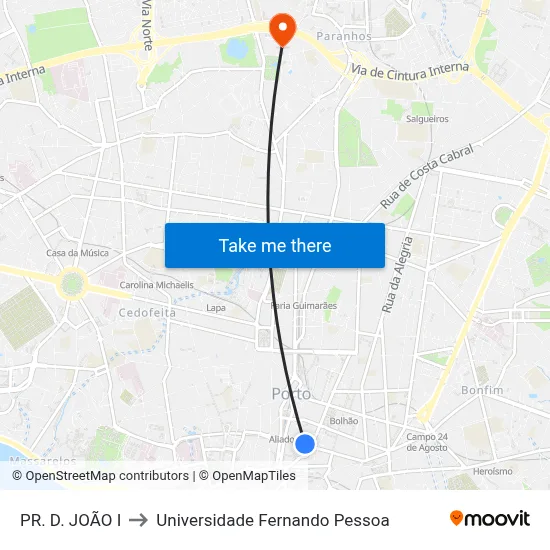 PR. D. JOÃO I to Universidade Fernando Pessoa map