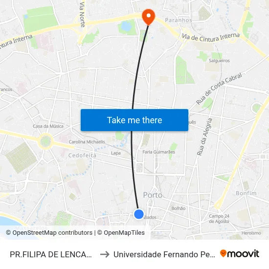 PR.FILIPA DE LENCASTRE to Universidade Fernando Pessoa map