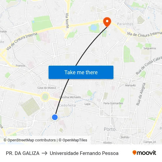 PR. DA GALIZA to Universidade Fernando Pessoa map