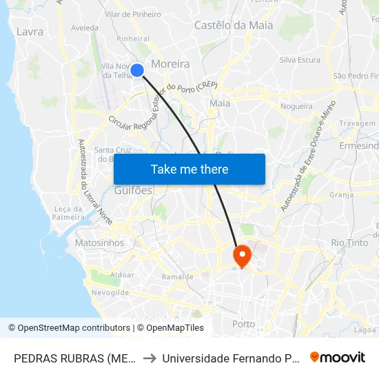 PEDRAS RUBRAS (METRO) to Universidade Fernando Pessoa map