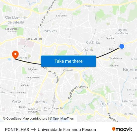 PONTELHAS to Universidade Fernando Pessoa map