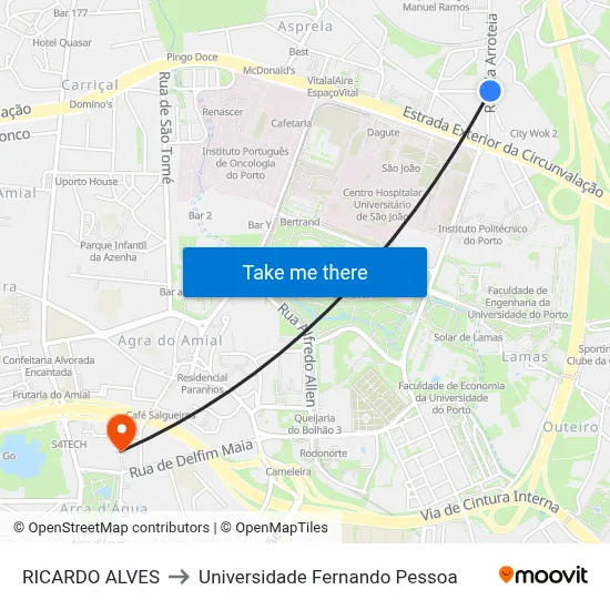 RICARDO ALVES to Universidade Fernando Pessoa map