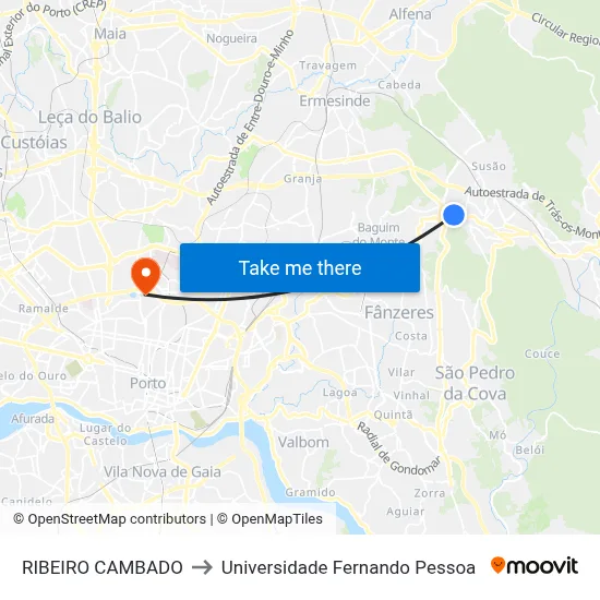 RIBEIRO CAMBADO to Universidade Fernando Pessoa map
