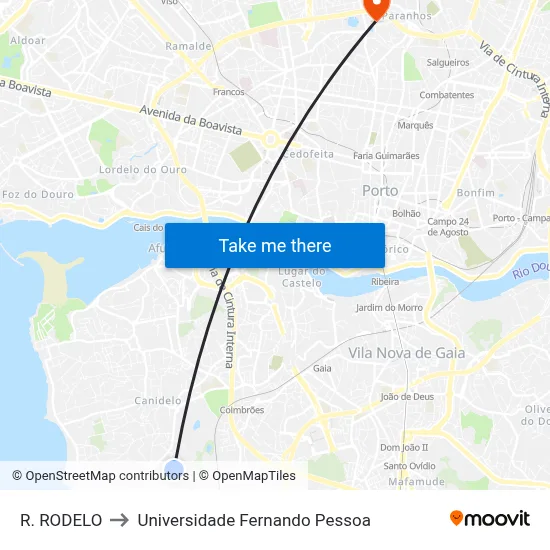 R. RODELO to Universidade Fernando Pessoa map