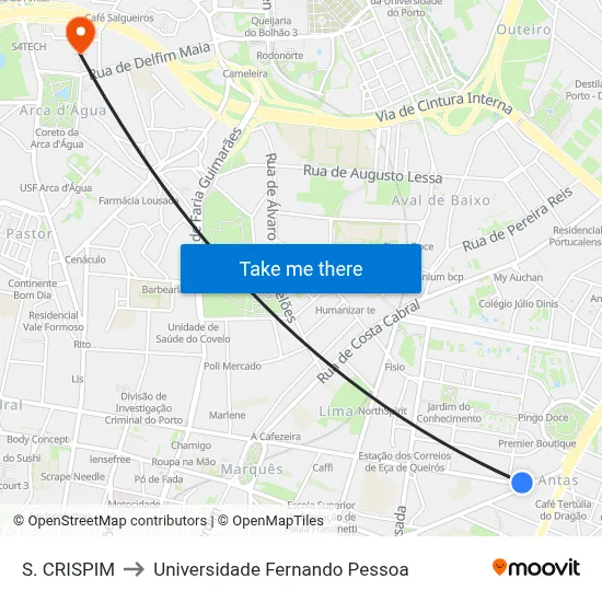 S. CRISPIM to Universidade Fernando Pessoa map