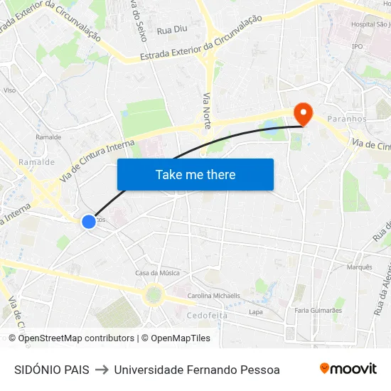 SIDÓNIO PAIS to Universidade Fernando Pessoa map