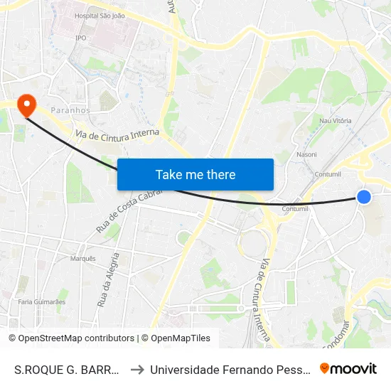S.ROQUE G. BARROS to Universidade Fernando Pessoa map