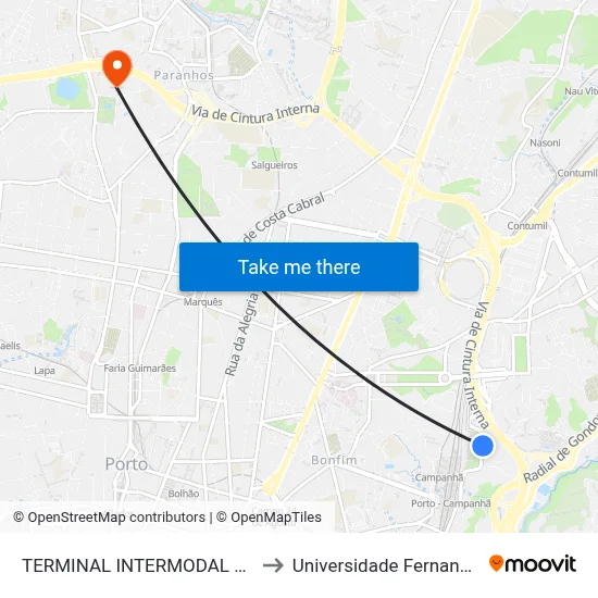 TERMINAL INTERMODAL CAMPANHÃ to Universidade Fernando Pessoa map
