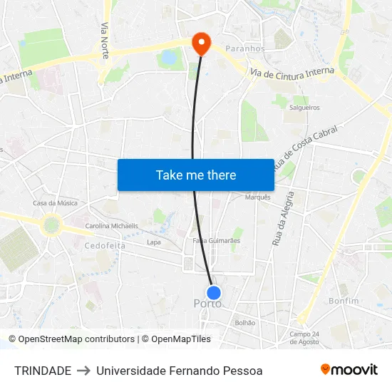 TRINDADE to Universidade Fernando Pessoa map