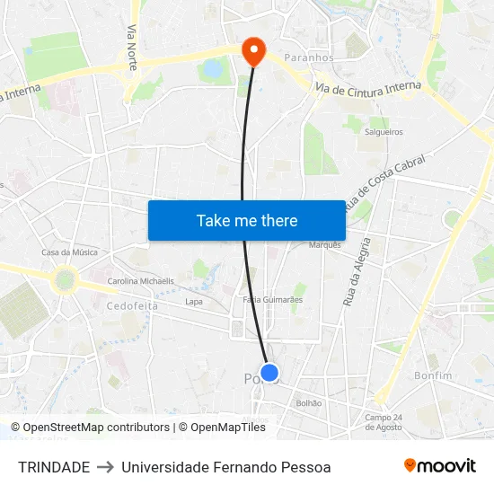 TRINDADE to Universidade Fernando Pessoa map