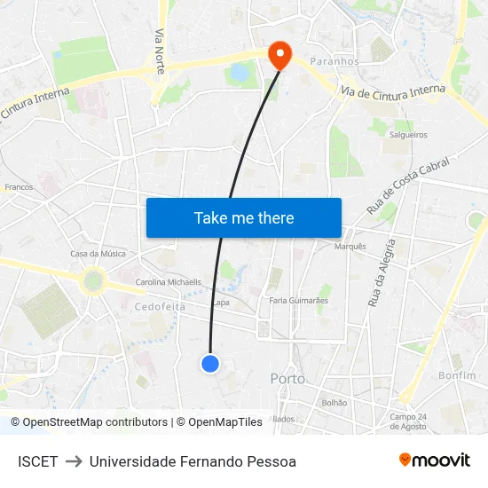 ISCET to Universidade Fernando Pessoa map