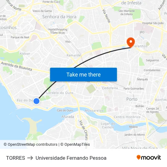 TORRES to Universidade Fernando Pessoa map