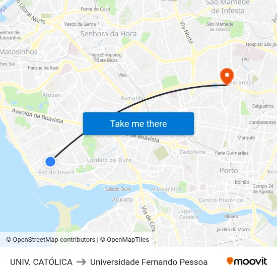 UNIV. CATÓLICA to Universidade Fernando Pessoa map
