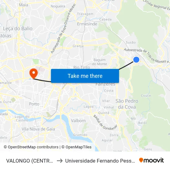 VALONGO (CENTRO) to Universidade Fernando Pessoa map