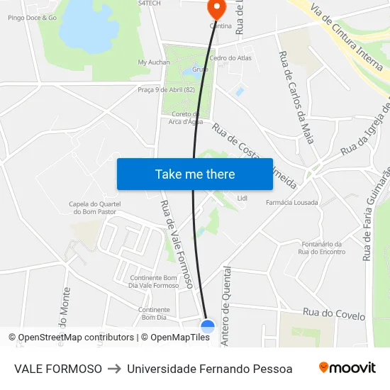 VALE FORMOSO to Universidade Fernando Pessoa map