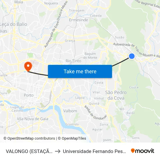 VALONGO (ESTAÇÃO) to Universidade Fernando Pessoa map