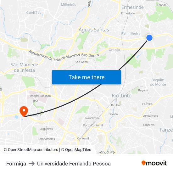 Formiga to Universidade Fernando Pessoa map