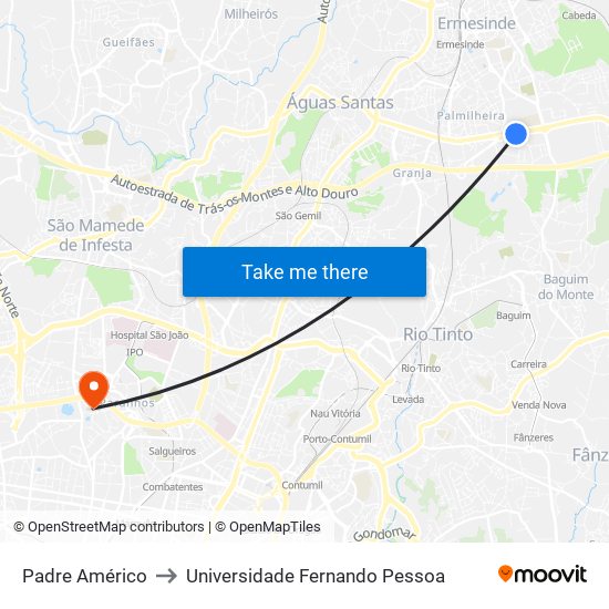 Padre Américo to Universidade Fernando Pessoa map