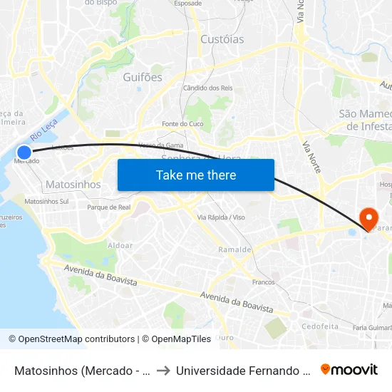 Matosinhos (Mercado - Metro) to Universidade Fernando Pessoa map