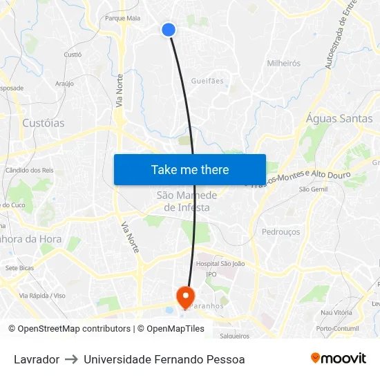 Lavrador to Universidade Fernando Pessoa map